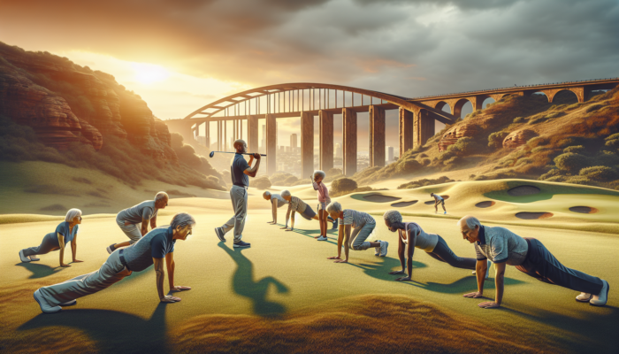 Best Golf Exercises for Seniors: Senior golfers performing balance exercises like planks on uneven Gauteng course at sunset to prevent injuries.