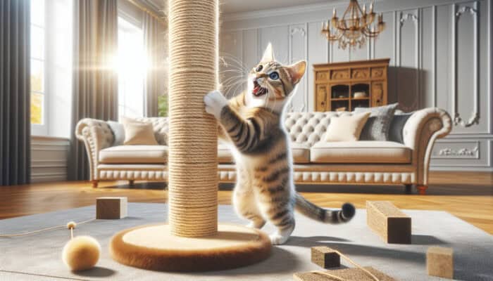 A curious tabby cat scratches a tall sisal post beside a plush sofa in a sunlit living room, with cardboard and carpet alternatives, toys, and treats nearby.