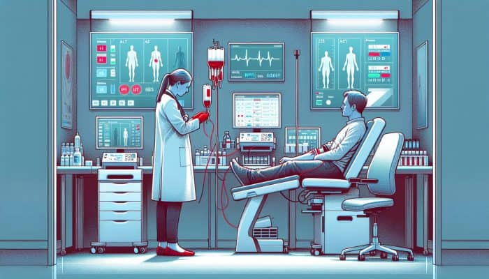 Liver Blood Test in Port Talbot: A doctor in a modern NHS clinic draws blood for liver tests like ALT and AST, surrounded by high-tech equipment and digital screens displaying results.