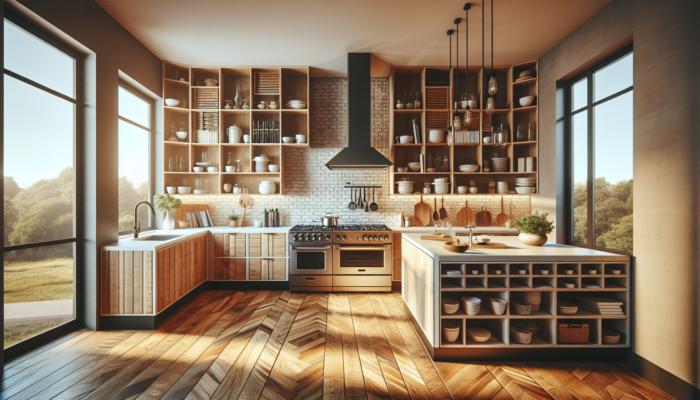Modern kitchen in a Carletonville home featuring an energy-efficient stove, rustic stone countertops, and custom built-in cabinetry bathed in warm natural light.