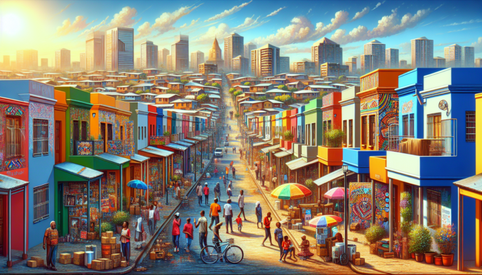 Vibrant Soweto street in Orlando East with colourful traditional homes, modern buildings, buyers exploring properties, murals, gatherings, and bustling markets under the sun.
