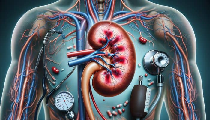 Illustration of a human kidney damaged by hypertension, with inflamed red arteries, surrounded by NHS tools like a blood pressure cuff and stethoscope for early detection.