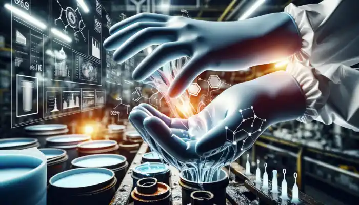 Close-up of durable PVC gloves on a worker's hands in a factory, handling chemicals safely, showcasing flexibility, resistance, and protection.