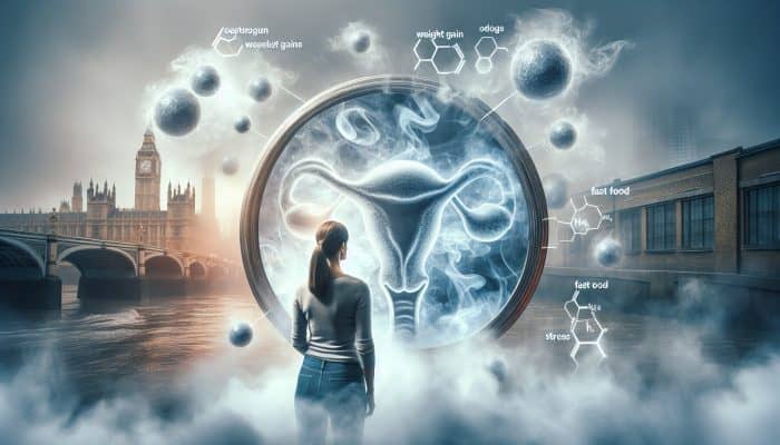 What Hormones Affect Female Weight: A middle-aged woman in London examines her expanding abdomen in a foggy mirror, surrounded by swirling oestrogen and symbols of weight gain and stress.