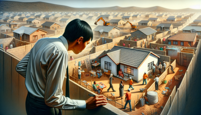 A buyer inspects a modest home in dusty Phalaborwa, South Africa, as construction and community gatherings transform the neighbourhood.