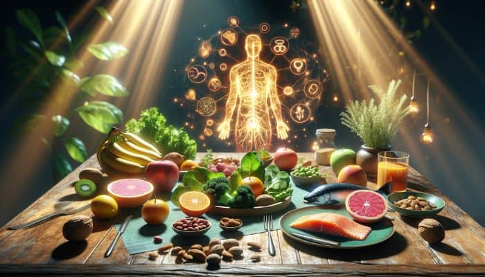 A table with fresh fruits, leafy greens, nuts, and salmon, plus a glowing endocrine diagram, symbolising hormonal health nutrition.