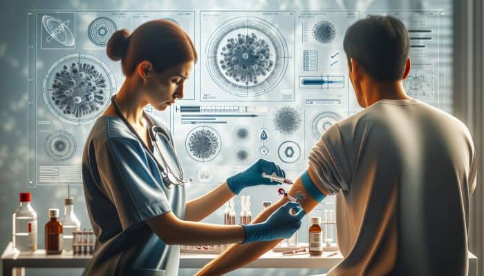 A nurse gently inserts a needle into a patient's arm for a thyroid blood test, surrounded by antiseptic wipes and lab vials.
