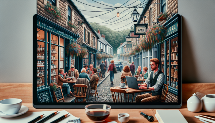 A quaint street in Radstock with a cozy café, barista typing on a laptop, and patrons sipping drinks in lively conversation.