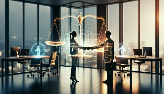A professional handshake seals a contract renewal in a modern office, featuring holographic assistants, balance scales, and glowing keys symbolizing trust.