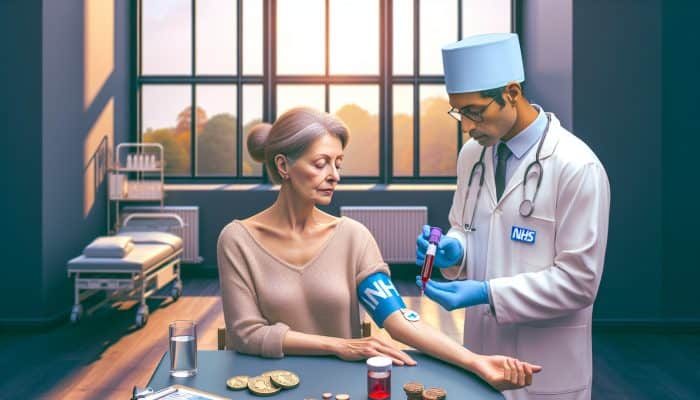 A middle-aged woman in a UK clinic undergoing a menopause blood test, with a doctor holding a vial, NHS logos, and cost symbols in a warm setting.
