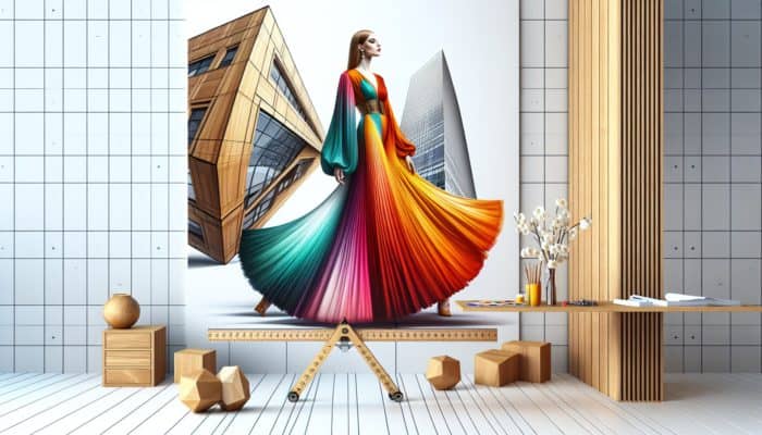 Balancing Asymmetrical Cuts Precisely: A fashion model in a flowing, one-sided dress stands before a slanted modern building, with balanced wooden furniture nearby.
