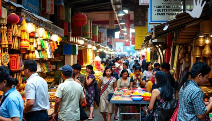 A bustling street market filled with locals and tourists, showcasing vibrant crafts, traditional foods, and cultural performances, highlighting active engagement and interaction.
