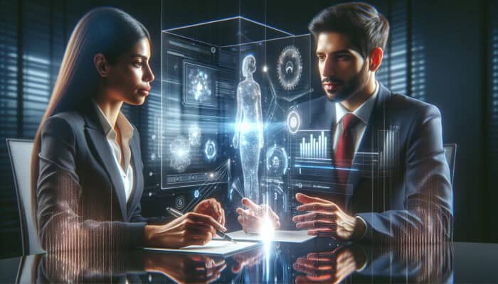 A diverse client and virtual assistant review holographic documents on project timelines and agreements in a modern office, symbolizing trust and collaboration.