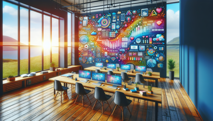 Developers in a vibrant Dartmouth, UK, workspace designing user-friendly websites with responsive layouts, SEO graphs, and local search results.