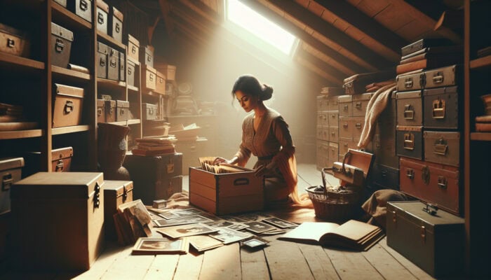A woman in a sunlit attic sorts old photo albums and heirlooms into "keep" and "donate" boxes.