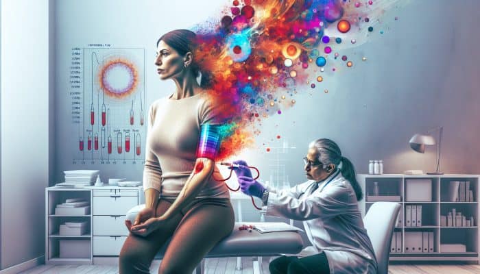 Menopause Blood Test in Luton: In a modern Luton clinic, a doctor draws blood from a determined middle-aged woman, displaying colourful hormone graphs for empowerment.