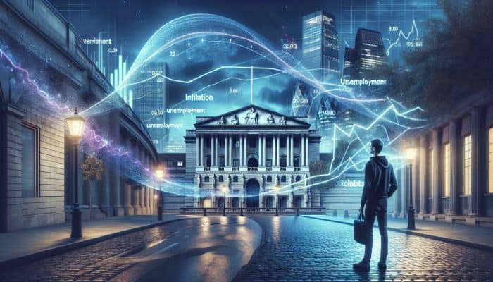 Consolidating Debt Before Remortgaging: Key Strategies | DCL Illustration of London's Bank of England at twilight with digital overlays of inflation curves and unemployment bars; homeowner analyzing mortgage rate charts.