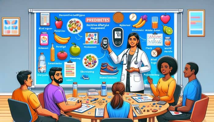 Vibrant NHS prediabetes workshop: diverse group receiving advice from a professional, with healthy food charts, exercise demos, and monitoring tools.