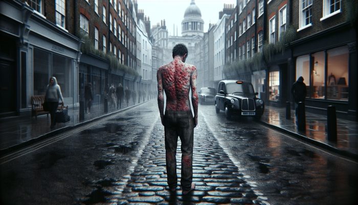 Stressed individual on a rainy London street, showing eczema and psoriasis flare-ups with red inflamed patches against a grey urban backdrop.