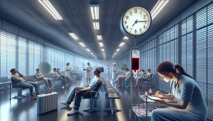 Busy clinic waiting room with anxious patients, delayed clock, nurse drawing blood, and person reviewing instructions on a tablet.