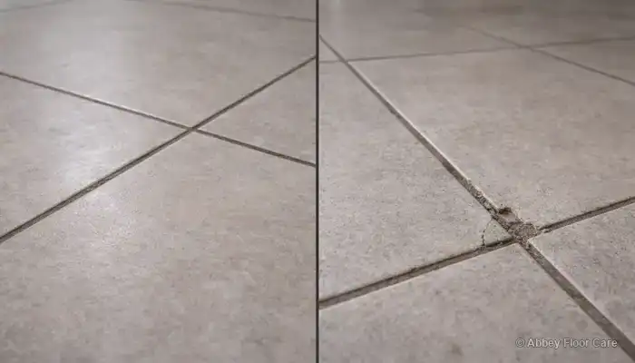 Comparison showing surface residue versus physical damage on ceramic and porcelain tiled floors