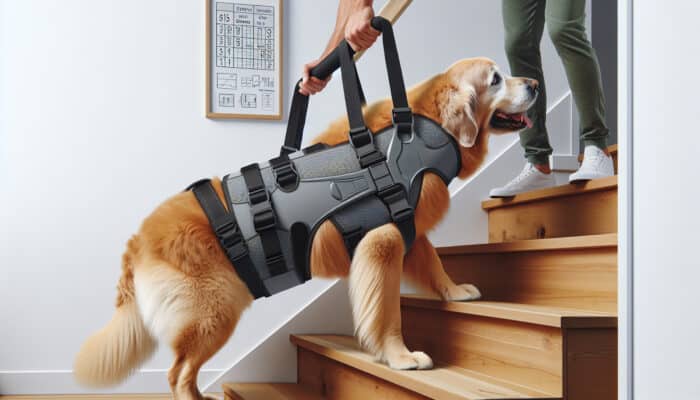 Lifting Harnesses for Large Dogs: A large elderly golden retriever with graying fur is assisted up a wooden staircase by its owner using a sturdy lifting harness with black straps and padded handles.