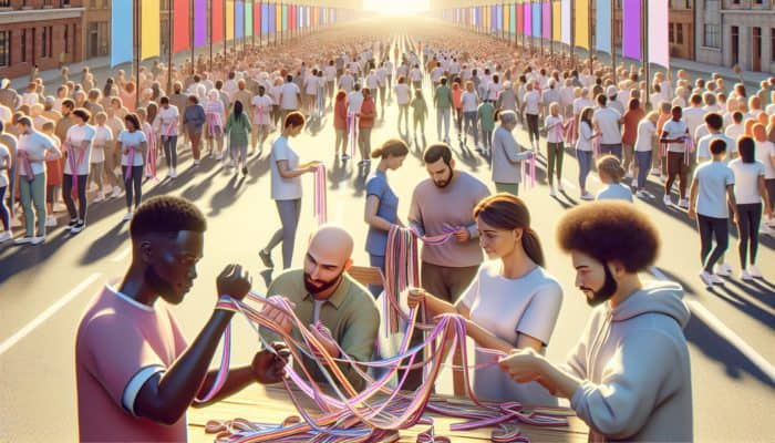 Diverse participants braiding colorful ribbons at a charity walk, with organizers gathering feedback surveys and reviewing success charts under a sunny sky.