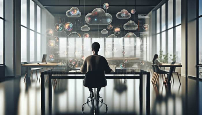 Content creator at a modern desk analyses Google Analytics dashboard with colorful graphs and keyword clouds in a bright office.