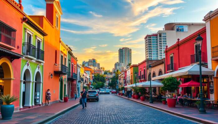 Vibrant street scene in San Miguel de Allende, blending colonial architecture, colourful facades, and cobblestone paths with modern cafes under a sunset sky.