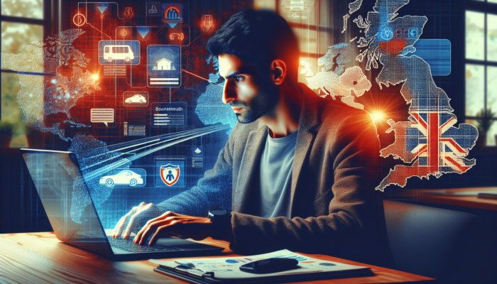 Digital marketer in Bournemouth office researches e-commerce keywords on laptop with Google Keyword Planner, surrounded by UK maps and traffic charts.