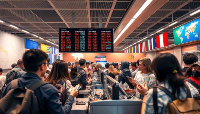 A busy airport currency exchange booth with travellers swapping colourful banknotes, a screen showing fluctuating rates, flags, and maps.
