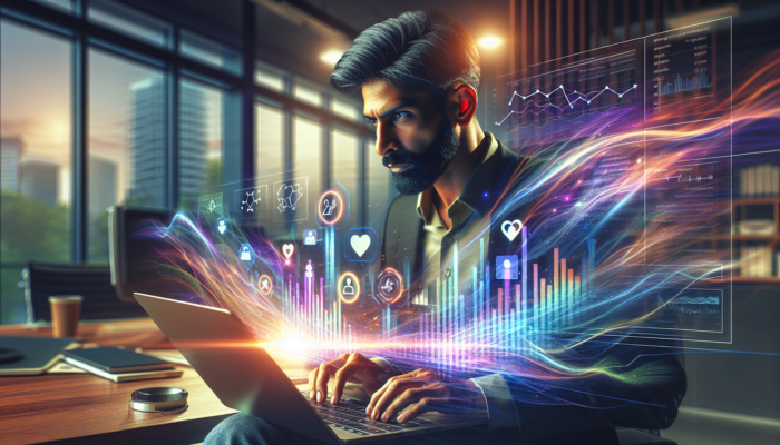 A focused business owner in Kingswood analyses social media metrics on a laptop, displaying graphs of likes, shares, comments, and reach from Facebook and Instagram.