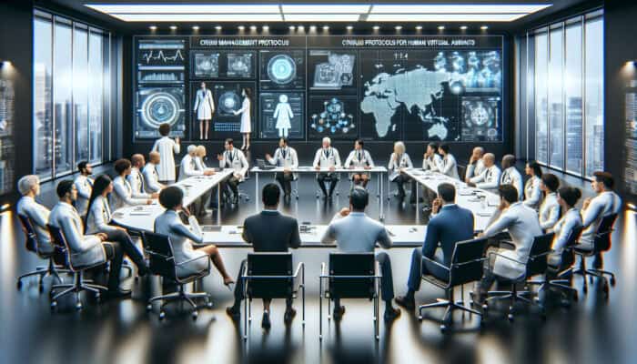 Experts in suits and lab coats discuss crisis protocols for virtual assistants amid holographic emergency displays.