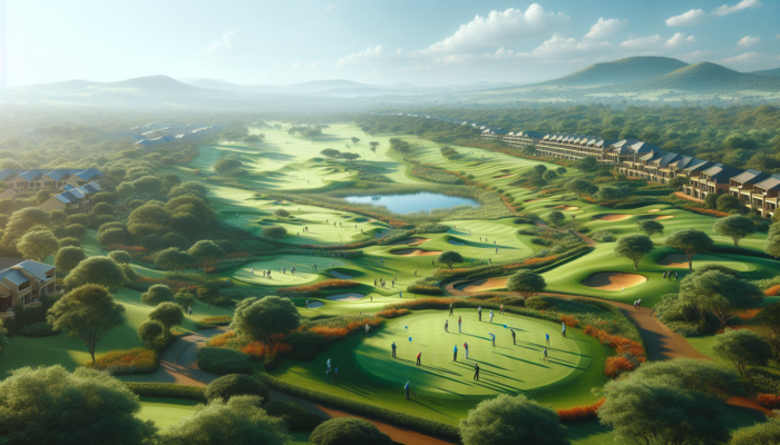 Aerial view of Waterkloof Golf Club in Pretoria: lush fairways, golfers playing, modern facilities, and a lively event under a blue sky.