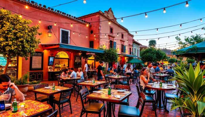 Vibrant outdoor dining scene in San Miguel de Allende, featuring colonial architecture, colorful tiled tables, and string lights with fusion Mexican cuisine.