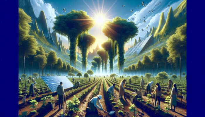 Diverse people collaborating in a lush green forest, planting trees and using solar panels to promote sustainable practices and inclusivity.