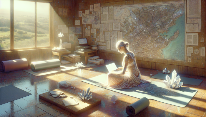 In a sunlit Glastonbury yoga studio, an instructor in flowing attire writes blog posts on a laptop, surrounded by mats, crystals, and maps.