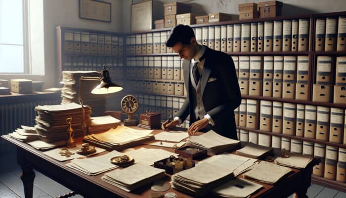 Clearing a UK Office After Death: Executor in formal attire examines death certificate and documents on a wooden desk in a UK registry office, surrounded by files and a ticking clock under soft lamplight.