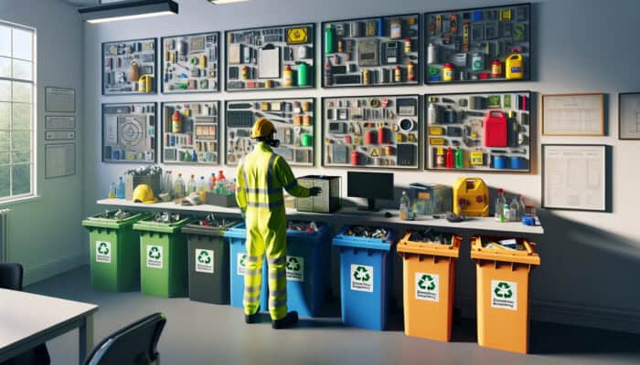 A worker in safety gear sorts hazardous materials like electronics and batteries into colour-coded recycling bins in a modern office, with Environment Agency posters on the wall.