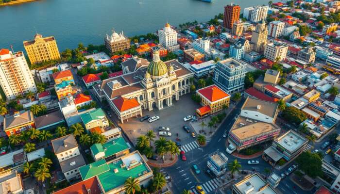 Aerial view of Belize City's vibrant urban core with historic government buildings, colorful cultural sites, and people exploring via maps and public transport.