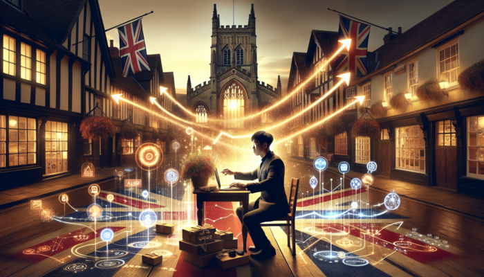 An analyst in historic Shaftesbury, UK, reviews a glowing dashboard with rising graphs that represent social media ROI metrics and British flags.