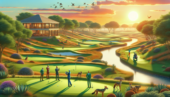 Vibrant golf course at Jackal Creek featuring manicured greens, winding creek, distant jackals at sunset, players teeing off, and luxurious clubhouse.