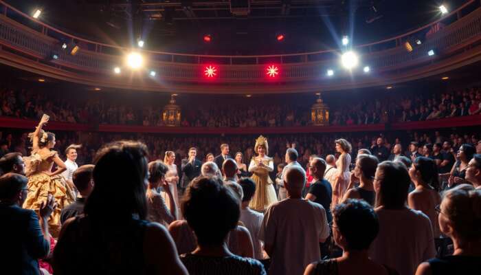 Vibrant opera festival scene: performers in elaborate costumes engage with enthusiastic audience under dramatic stage lights, including workshops.