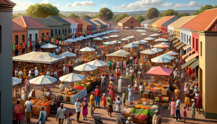 Busy marketplace at a Mpumalanga golf charity event, with colourful stalls selling local crafts, food, gear, and crowds shopping under sunny skies.