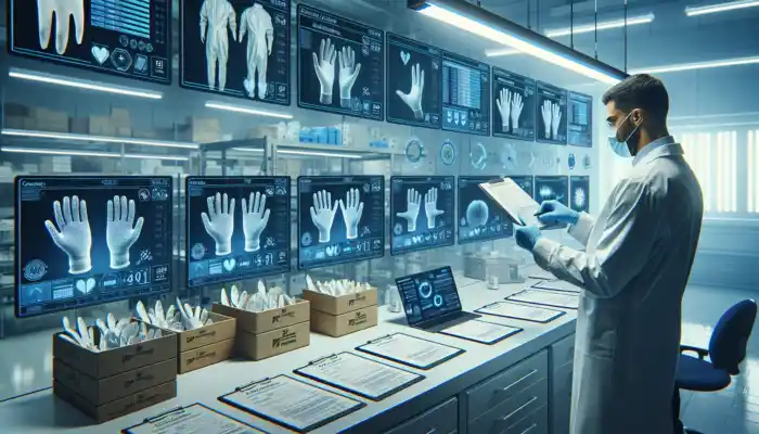 Quality assurance professional evaluating latex gauntlet glove samples in a sterile laboratory, surrounded by checklists, packaging, and tablets under bright lights.