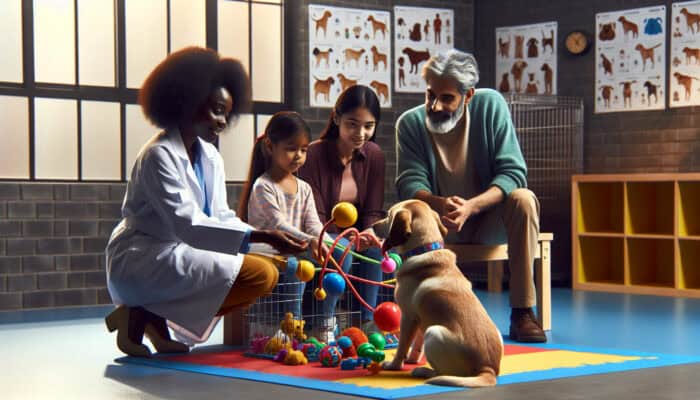 Behavioural Assessments for Pet Adoptions: Behaviourist in sunny shelter observes curious dog playing with diverse family, using charts and toys for compatibility assessment.