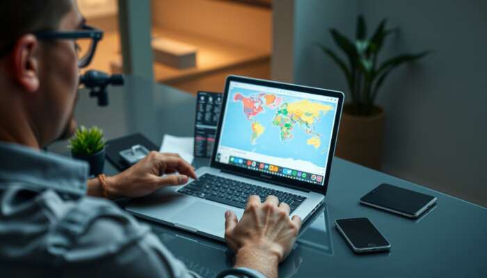 A traveller at a sleek desk organising vacation logistics on a laptop, showcasing flight bookings, hotel reservations, and a colourful itinerary map.
