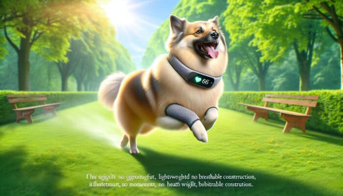 A cheerful dog with soft fur runs joyfully in a sunlit park, wearing a sleek, ergonomic fitness tracker.