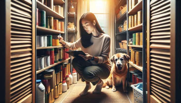 A diligent pet owner inspects and rotates shelves of fresh pet food and supplies in a well-stocked pantry, with a curious dog and cat watching under warm lighting.