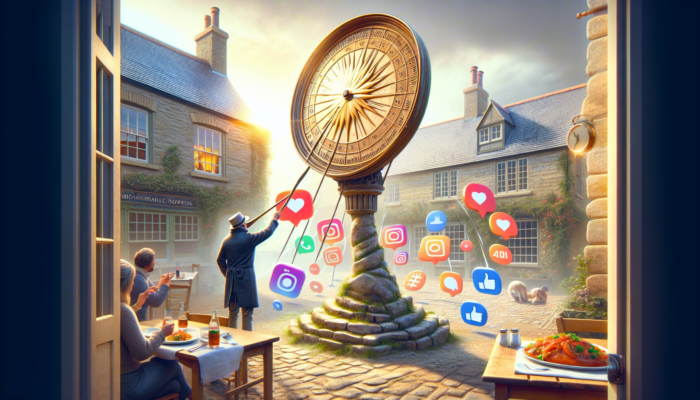 A small business owner in Midsomer Norton reviews Instagram metrics on a laptop, surrounded by engagement icons and an image of a new dish.